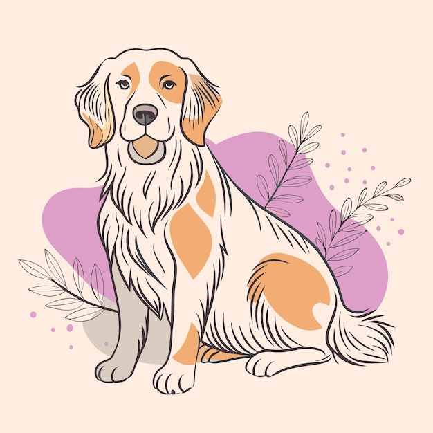 un perro con una mancha amarilla en la espalda se sienta en un fondo floral púrpura y rosa
