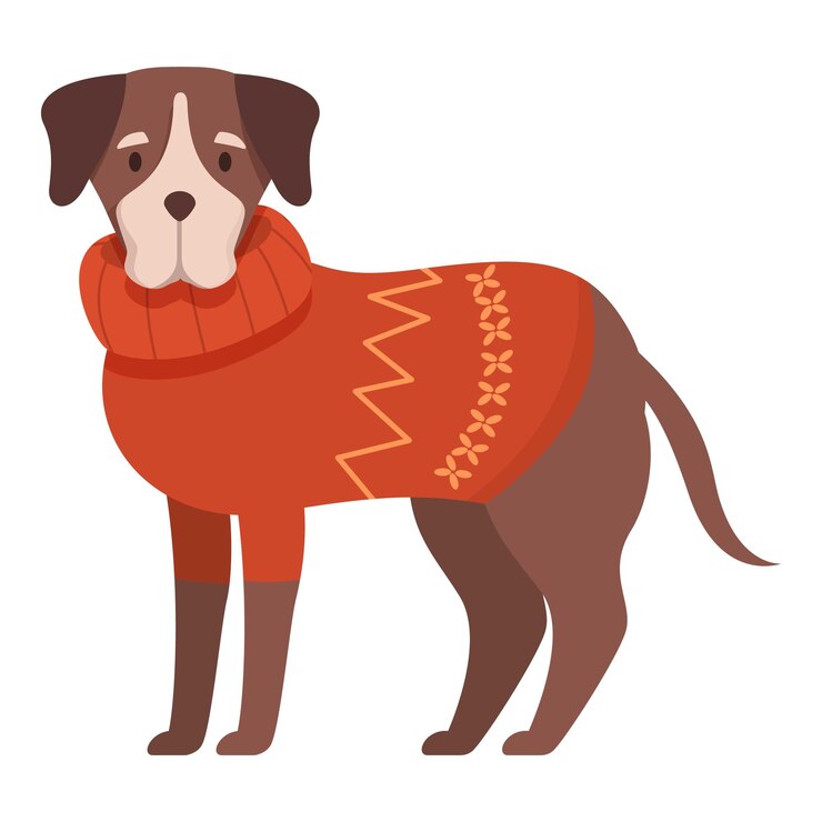 Perro marrón con suéter rojo de invierno de pie sobre un fondo blanco