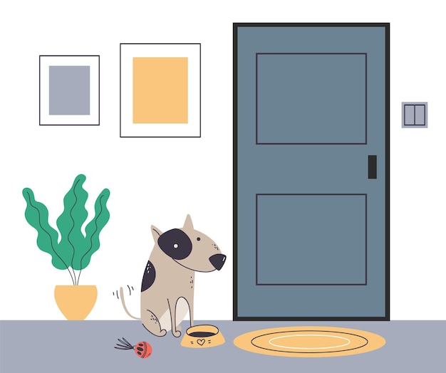 Perro mascota linda espera a su dueño sentado cerca de la ilustración de diseño gráfico del concepto de puerta