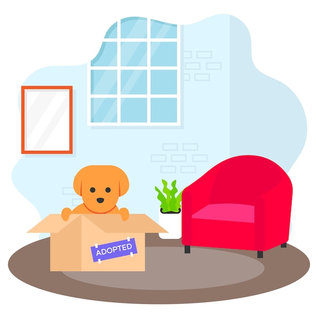 El perro de mascota recién adoptado sale del concepto de caja Kitty explorando su nuevo entorno con wideeye