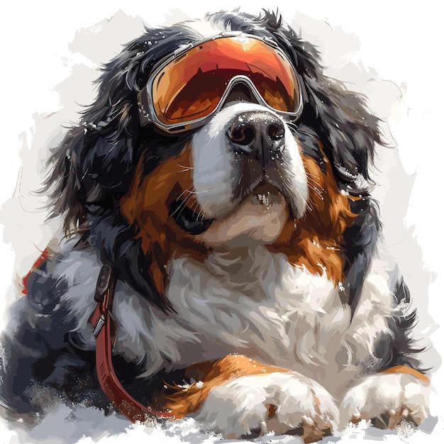 Un perro de montaña bernese con gafas de esquí en un invierno Imágenes aisladas Fondo blanco