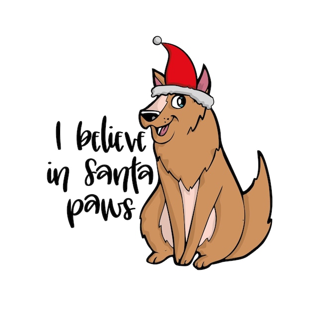 Perro de navidad con sombrero de papá noel con ilustración acuarela