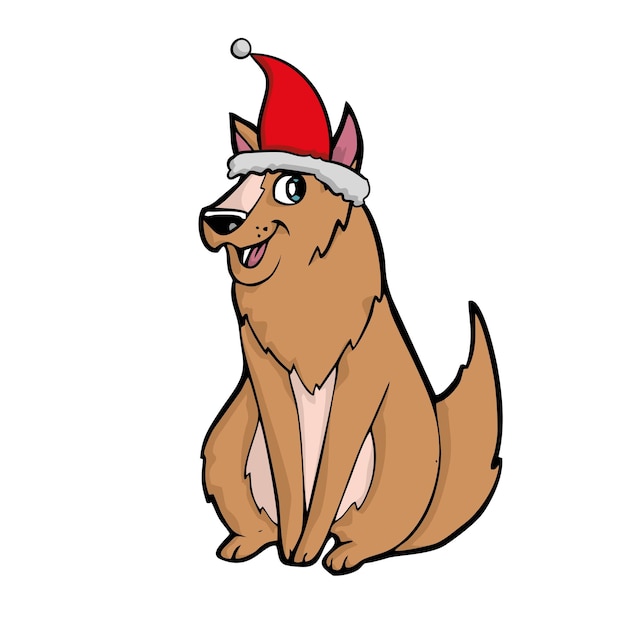Perro de navidad con sombrero de papá noel con ilustración acuarela