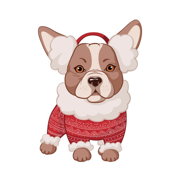 Perro navideño con suéter rojo con adorno navideño. Bulldog francés de divertidos dibujos animados