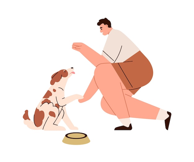 Perro obedeciendo al comando de la pata. Hombre entrenando, educando a perrito. Entrenador gesticulando, cachorro sentado. Dueño de una mascota y animal canino obediente. Ilustración de vector plano aislado sobre fondo blanco.