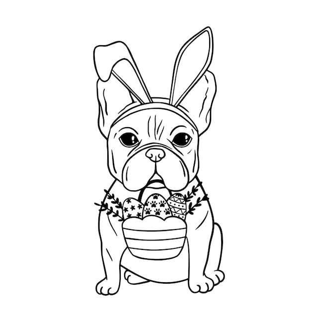 Perro con orejas de conejo y canasta de pascua. perro de pascua. bulldog francés dibujado a mano en blanco y negro