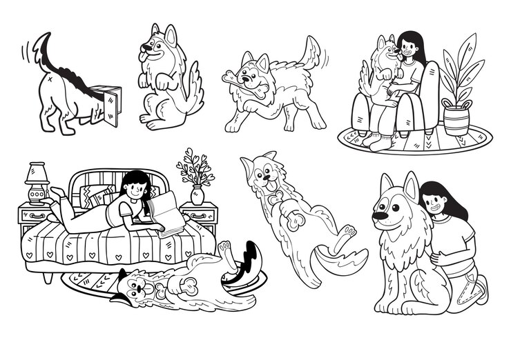 Perro pastor alemán dibujado a mano y colección familiar en ilustración de estilo plano para ideas de negocios