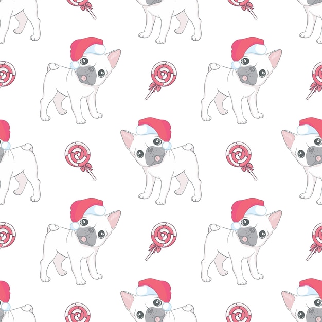 Perro de patrones sin fisuras navidad vector bulldog francés santa claus navidad sombrero bastón de caramelo bufanda dibujos animados ilustración aislado fondo de mosaico