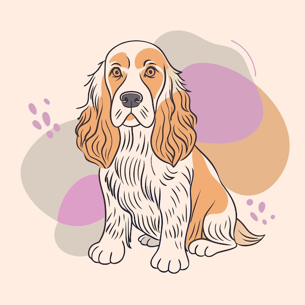 un perro con un pecho blanco y un fondo de flores rosas y púrpuras