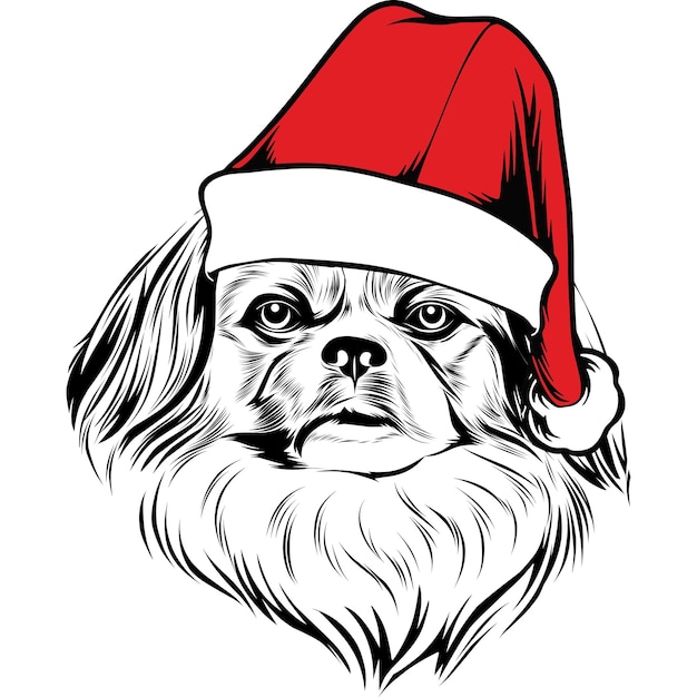 Vector perro pequinés con gorro de papá noel para navidad