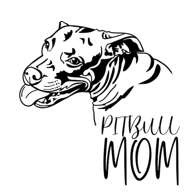 Perro Pitbull, texto de mamá Pitbull, dibujo de silueta negra, ilustración vectorial.