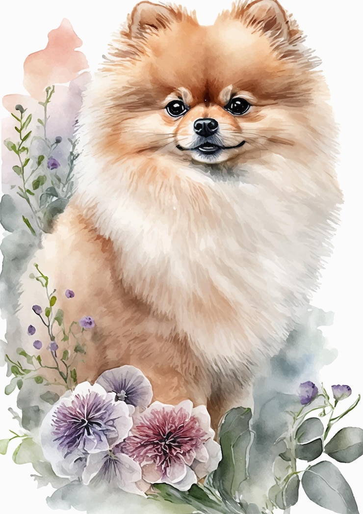 Vector perro pomerania soñoliento en diseño de acuarela