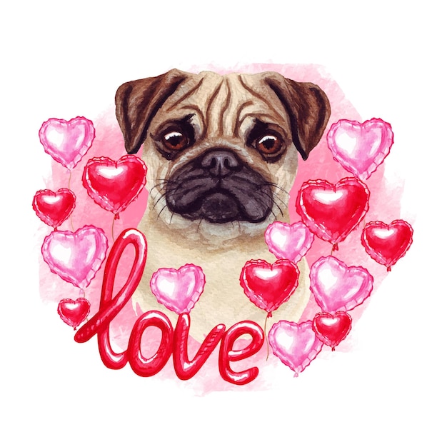 Vector perro pug del día de san valentín con corazones y amor. ilustración de acuarela.