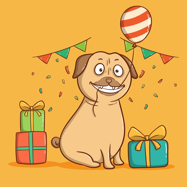 Vector perro pug en fiesta de cumpleaños. feliz cumpleaños tarjeta de felicitación