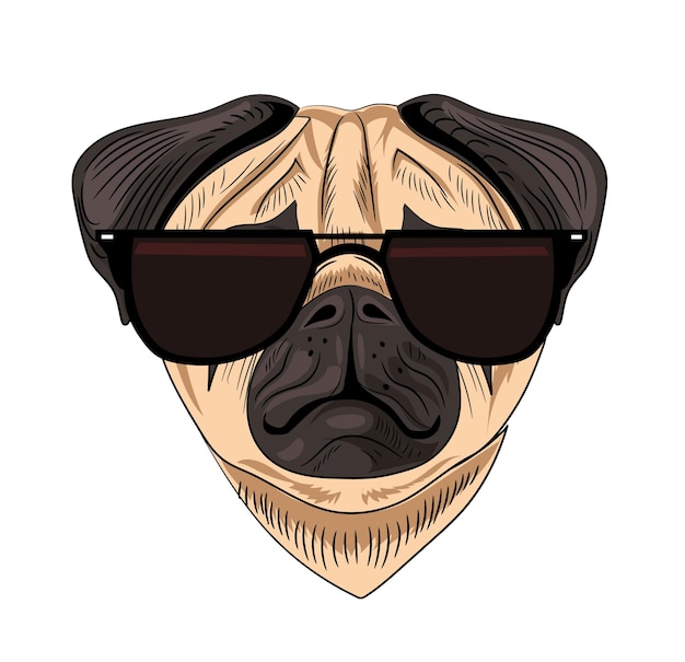 Un perro pug con grandes gafas negras en la cara.