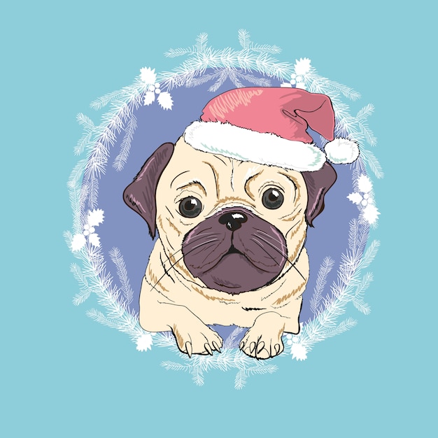 Vector perro pug con ilustración de sombrero rojo de santa