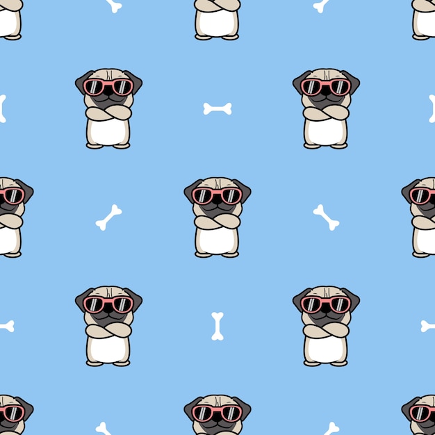 Perro pug lindo con gafas de sol cruzando los brazos dibujos animados de patrones sin fisuras