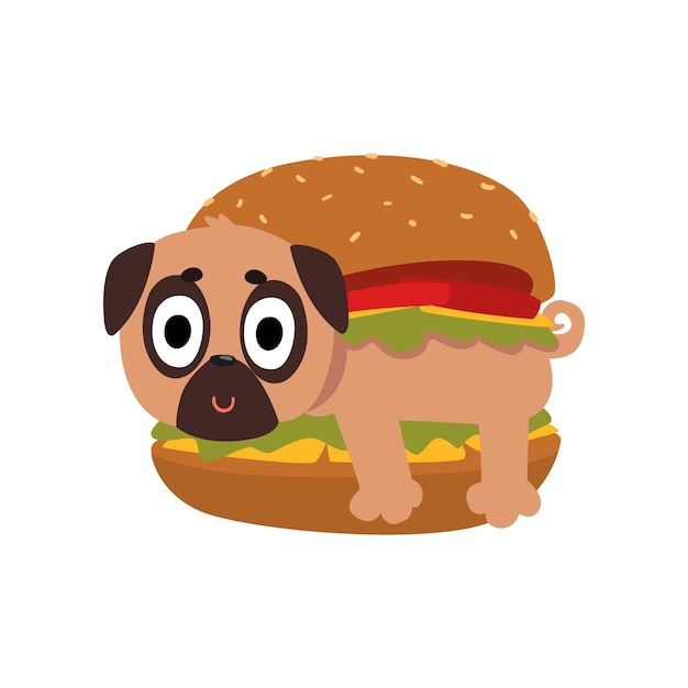 Perro pug lindo en hamburguesa, personaje de perro divertido dentro del vector de producto de comida rápida ilustración aislada sobre fondo blanco.