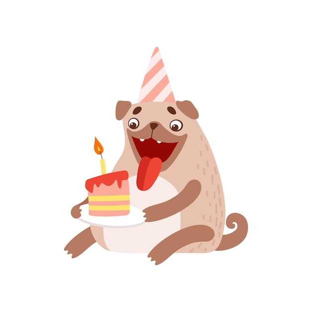 Perro Pug lindo en sombrero de fiesta con pastel de cumpleaños Animales de compañía felices y amigables Ilustración vectorial de personaje en fondo blanco