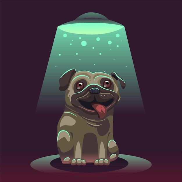 Vector perro pug con ovni sobre fondo oscuro