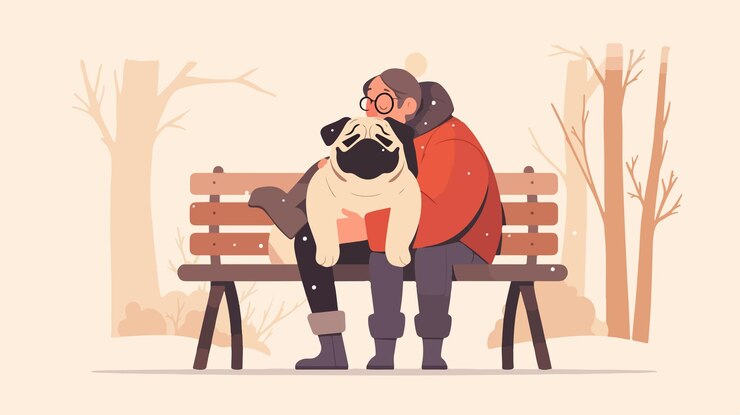 Vector perro pug sentado en un banco con el dueño sesión de entrenamiento de cachorros al aire libre