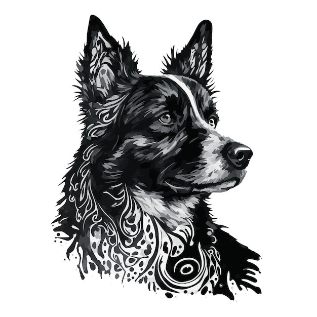 Vector perro, raza border collie, retrato en blanco y negro, pintura de pincel abstracto