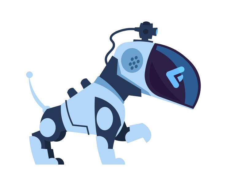 Vector perro robot futurista juguete robótico electrónico de dibujos animados bot de movimiento automático con control remoto e inteligencia artificial mascota mecánica aislada dando pata android amigable con vectores