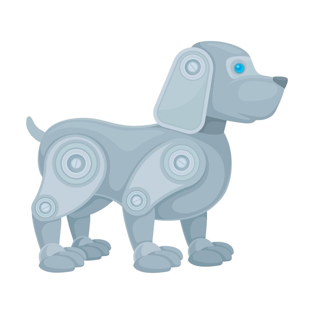 Vector perro robot gris metálico con orejas grandes se para en sus patas vista lateral ilustración vectorial sobre un fondo blanco