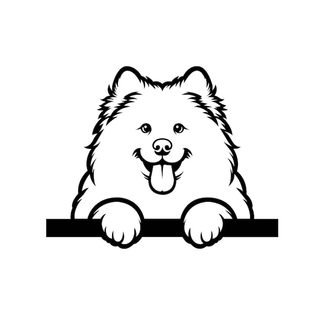 El perro Samoyed blanco y negro espiando la silueta de la cara de Vector