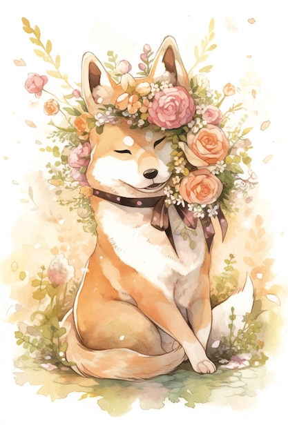 Vector un perro shiba inu con una corona de rosas en la cabeza.