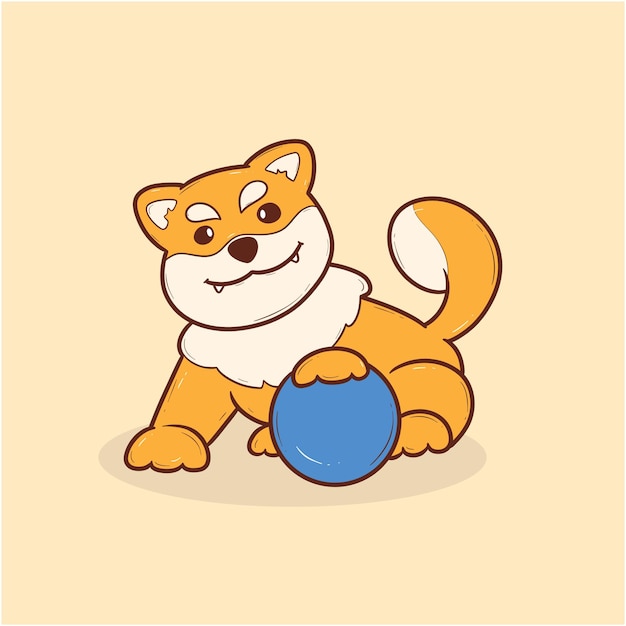 El perro Shiba Inu de dibujos animados con una pelota azul