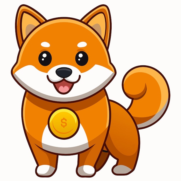Perro Shiba Inu lindo con moneda de oro Icono vectorial de dibujos animados Ilustración Icono de negocios de animales Concepto aislado Estilo de dibuyos animados plano vectorial premium