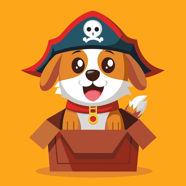 un perro con un sombrero de pirata está en una caja con un cráneo en él