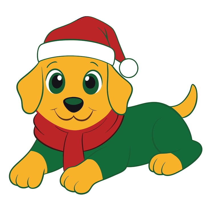 Vector un perro con un sombrero de santa está acostado en un fondo blanco