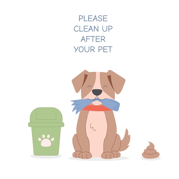 Perro sosteniendo una bolsa de limpieza junto a un contenedor de basura Limpieza después de su mascota Ilustración vectorial