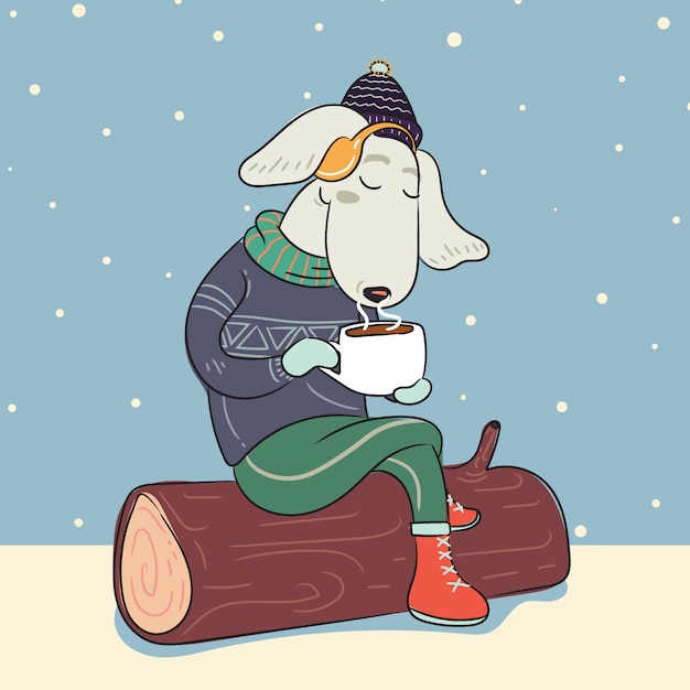 Perro en suéter cálido de invierno y con taza de café caliente.
