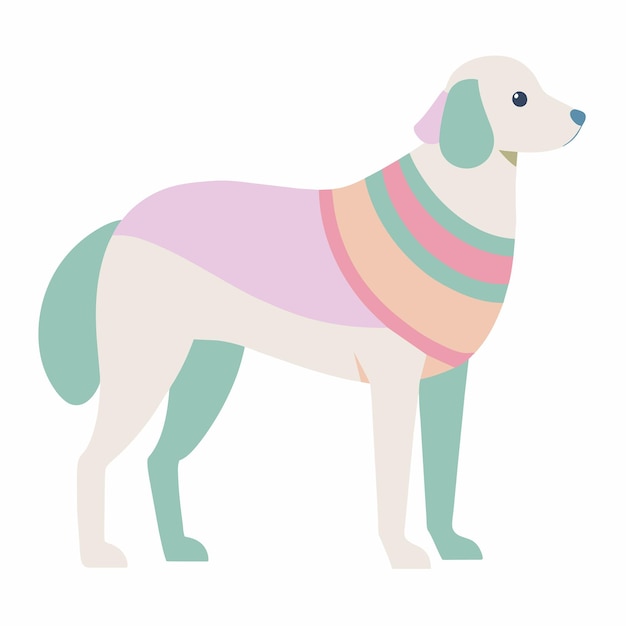 un perro con un suéter colorido en él que tiene un collar que dice quot perro quot