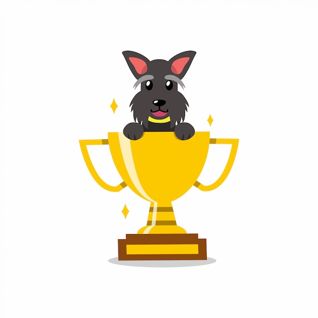 Perro de terrier escocés de personaje de dibujos animados con trofeo de oro