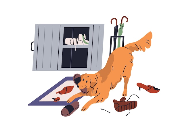 Perro travieso masticando zapatos rasgando cosas dañinas en el hogar Mal comportamiento canino Perro comportándose mal rasgando calzado Psicología del zoológico Ilustración vectorial gráfica plana aislada sobre fondo blanco