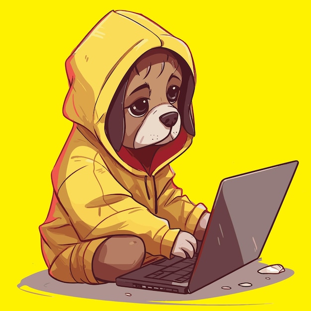 Perro usando la ilustración de vector de computadora portátil para el diseño de camisetas o carteles