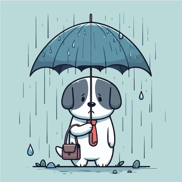 perro vectorial triste llevando un paraguas cuando llueve ilustración de dibujos animados