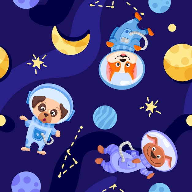 Perros astronautas en trajes espaciales fondo de pantalla del universo de patrones sin fisuras para papel de regalo o impresión para niños