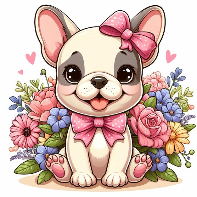 Vector perros bulldog franceses lindos amplificador de flores vector ilustración de dibujos animados