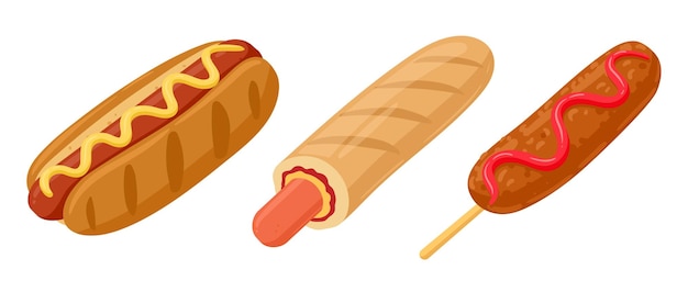 Perros calientes de dibujos animados Delicioso perro caliente y perro de maíz con queso y salsa sabroso plato de comida rápida ilustración vectorial plana sobre fondo blanco