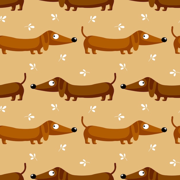 Vector perros dachshund lindos de patrones sin fisuras y hojas sobre un fondo marrón concepto feliz