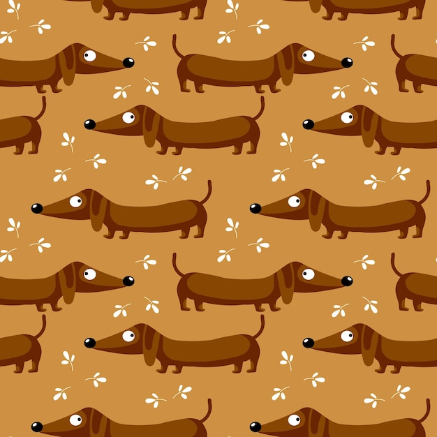 Perros dachshund lindos de patrones sin fisuras y hojas sobre un fondo marrón Concepto feliz