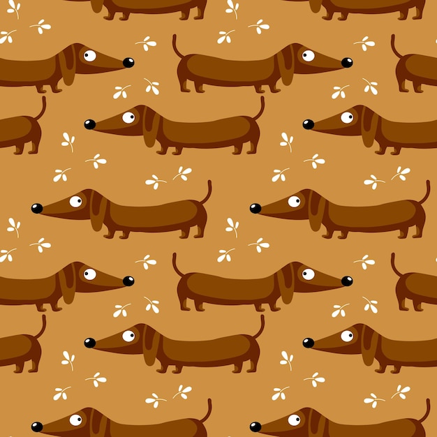 Vector perros dachshund lindos de patrones sin fisuras y hojas sobre un fondo marrón concepto feliz