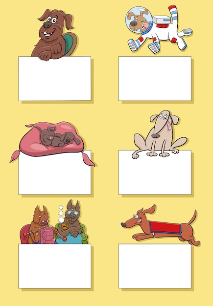 Vector perros de dibujos animados y cachorros con tarjetas en blanco conjunto de diseño