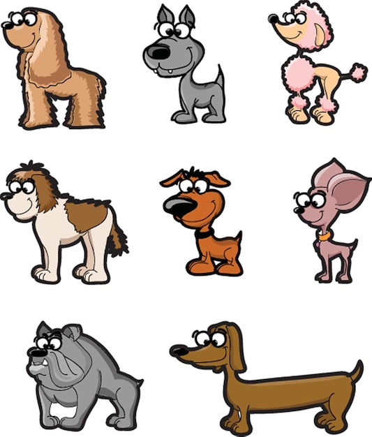 Perros de dibujos animados divertidos lindos vector cachorro mascota personajes diferentes panes perrito ilustración Amigos humanos animales domésticos