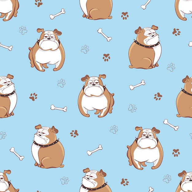 Perros de dibujos animados lindos patrón sin costuras fondo vectorial con bulldogs garabateados en azul
